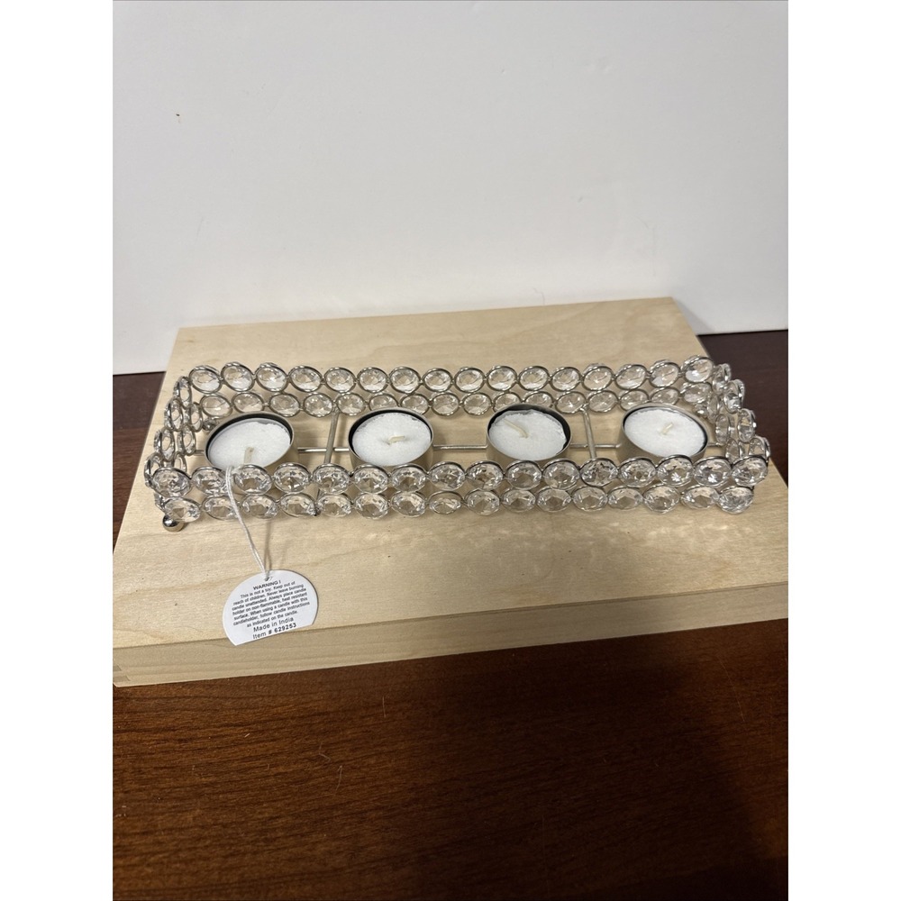 Crystal Beaded & Metal Tea Lights- 4- Candle Holder- India- 10"